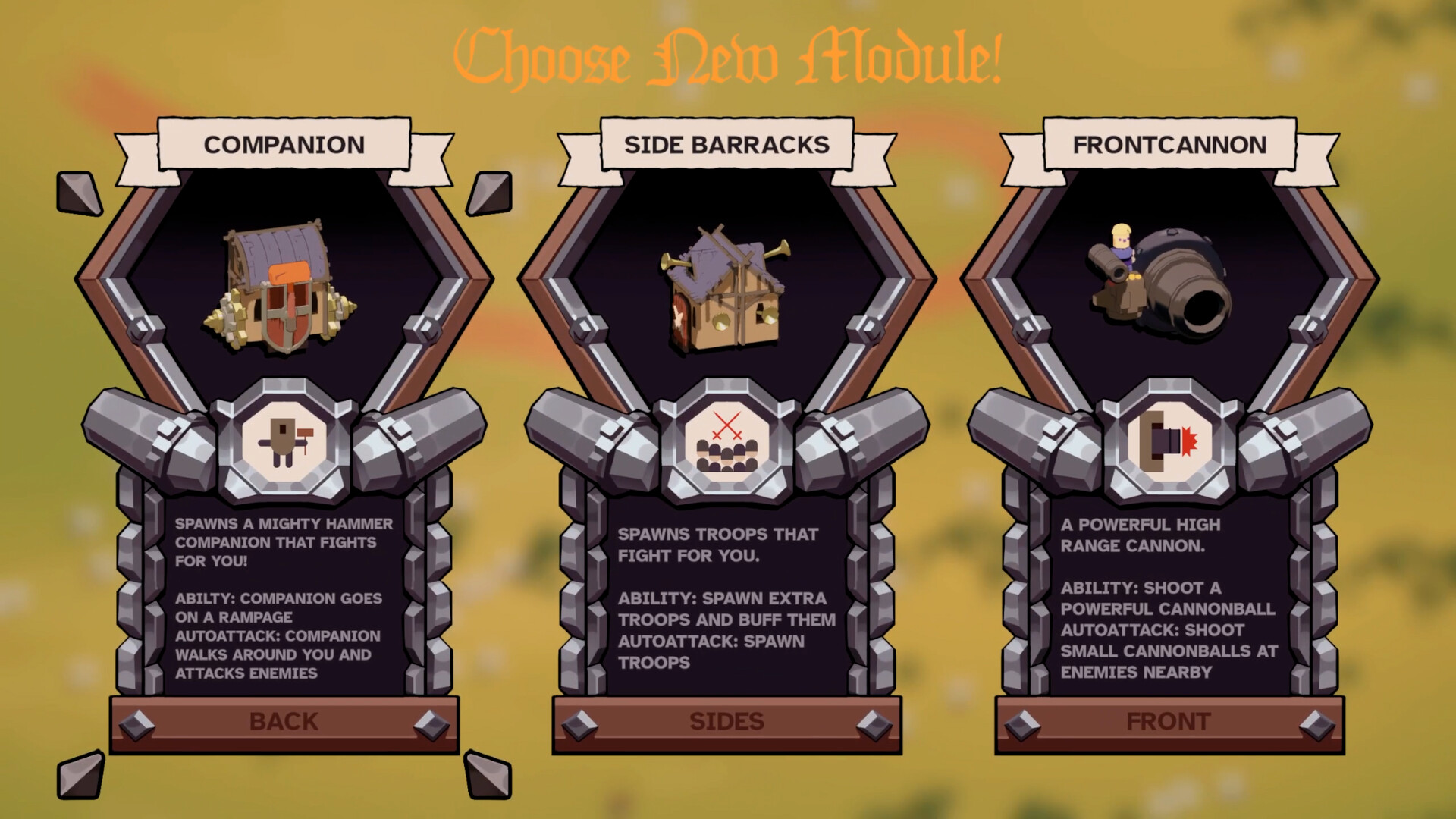 Choose New Module screen — Companion, Side Barracks, Front Cannon